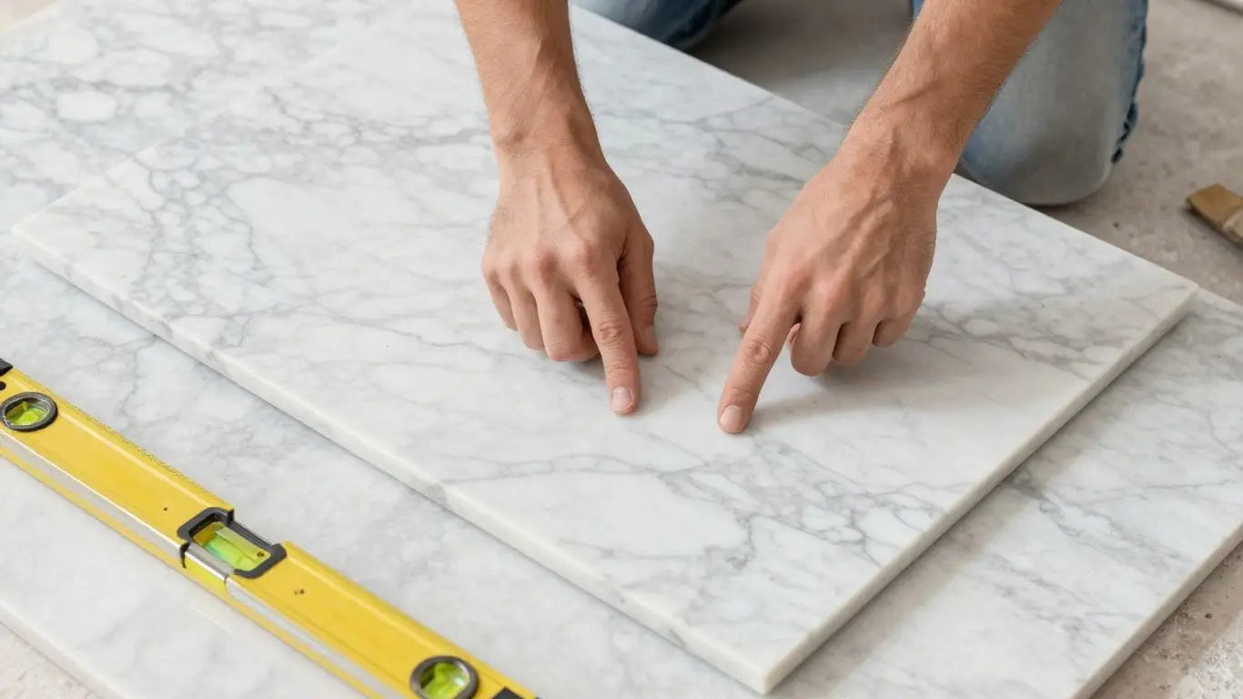 Marble installation planning with slabs and tools.