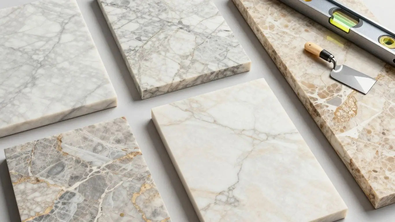 Marble installation sketch with stone slabs and tools.