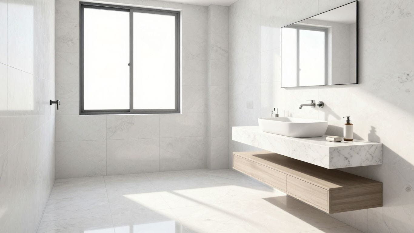 Boceto de un baño moderno con baldosas de cuarzo.