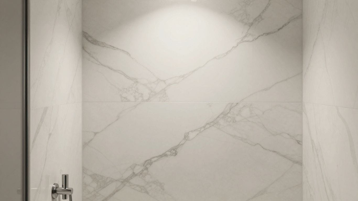 Elegant marble shower walls with natural veining.