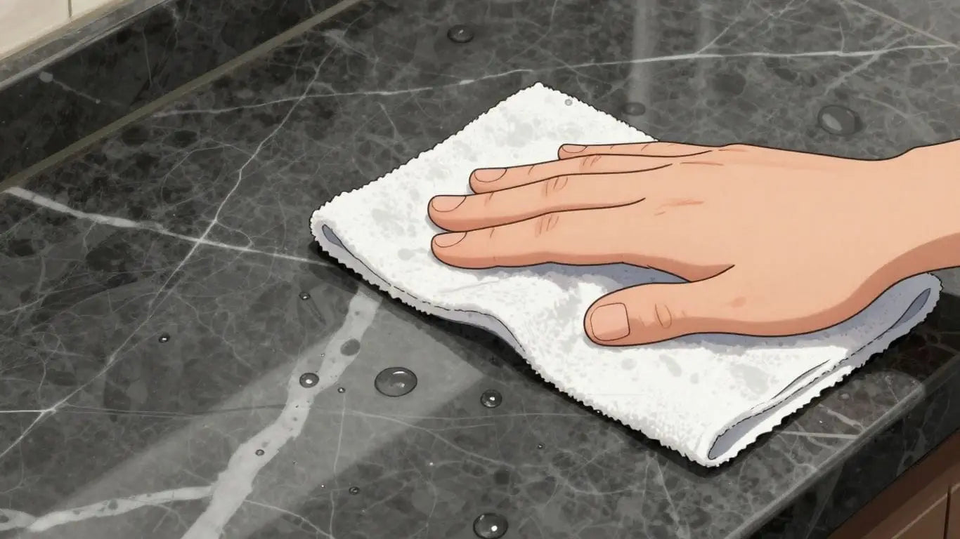 Cleaning marble tile with a soft cloth.