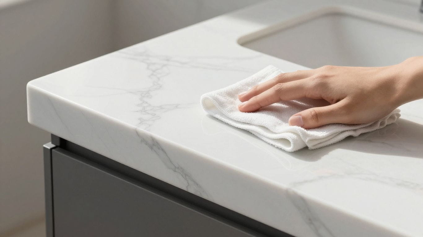 Marble countertop being cleaned with a soft cloth.