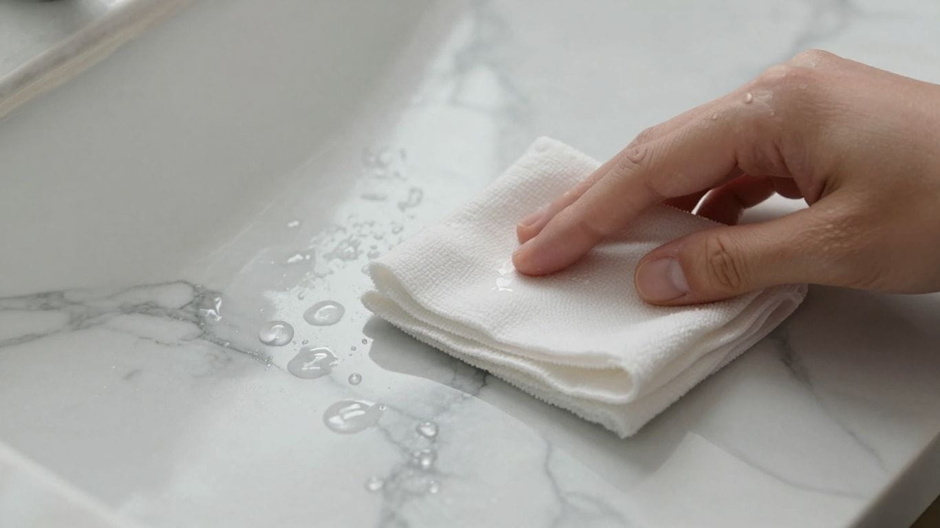 Sketch of cleaning a marble tile with a soft cloth.