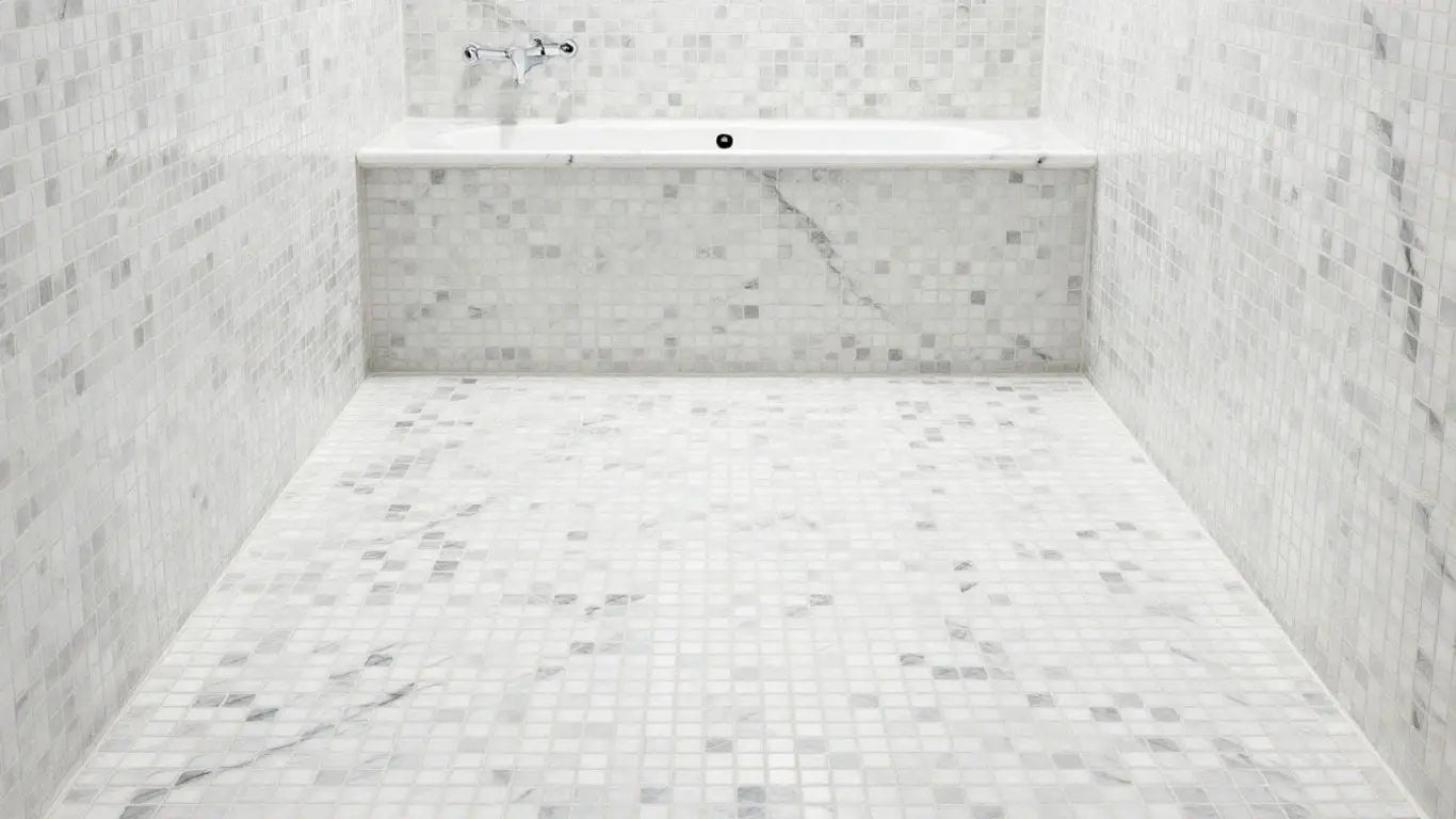 Thassos white marble mosaic shower floor and walls