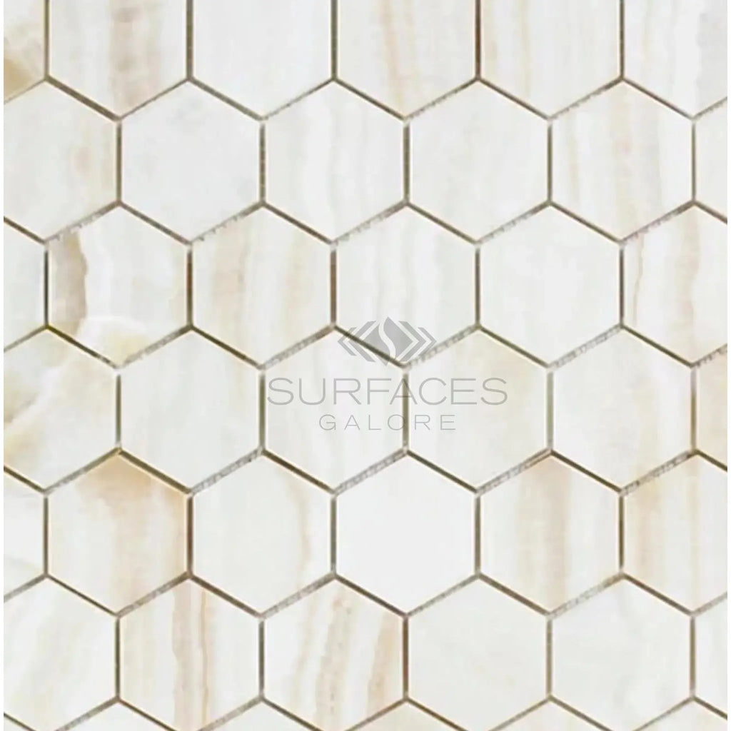 Hexagonal marble mosaic tiles in White Onyx Bianco-Vanilla polished finish