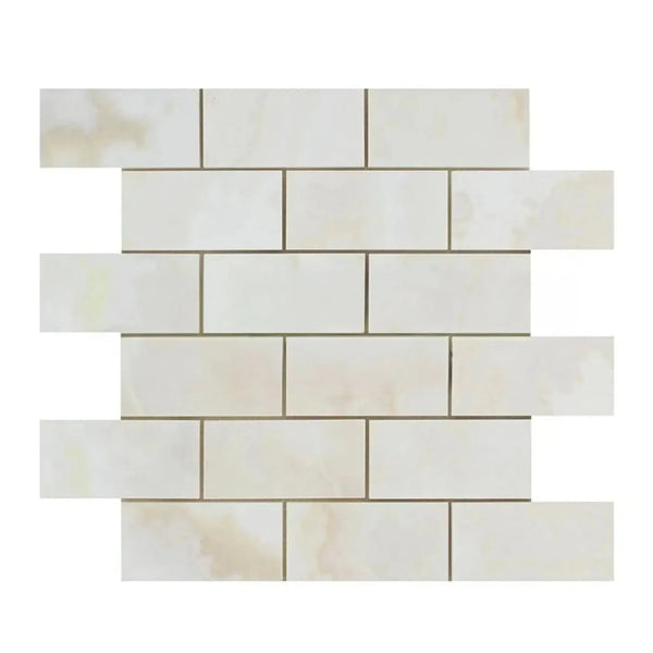 Off-white brick tile sheet from White Onyx Bianco-Vanilla Cross-Cut 2X4 Mosaic Marble