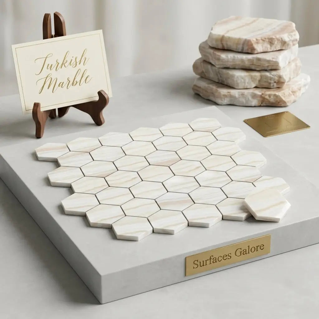 White onyx vanilla onyx 2 inch hexagon cross-cut mosaic polished marble tile with white hexagonal turkish marble pattern