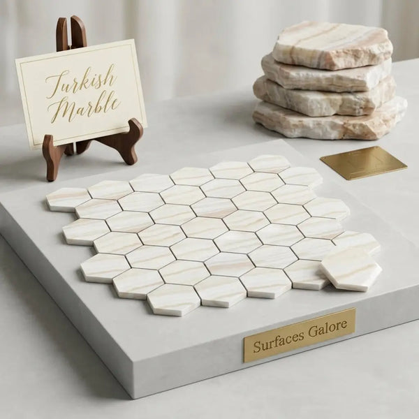 White onyx vanilla onyx 2 inch hexagon cross-cut mosaic polished marble tile with white hexagonal turkish marble pattern