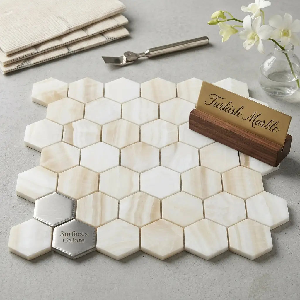 White onyx vanilla onyx 2 inch hexagon vein cut mosaic marble tile polished creamy white with beige veining