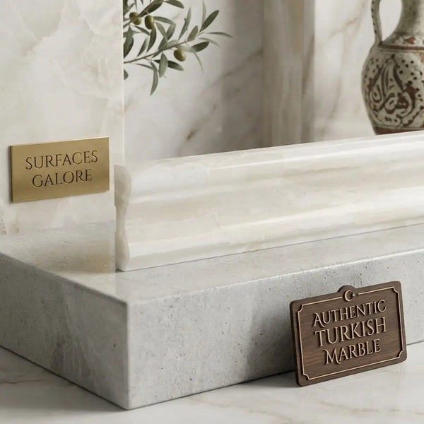 Authentic Turkish marble white onyx 2x12 Milano molding with polished white surface and subtle gray veining display stand