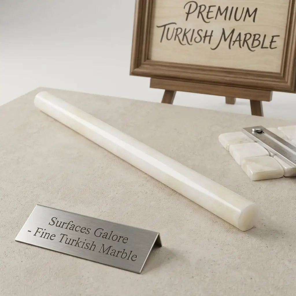 A smooth polished white onyx turkish marble bullnose liner rod measuring 3/4 by 12 inches
