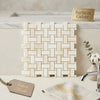 Beige turkish marble basketweave mosaic tile with white onyx dots polished for elegant wall or floor applications