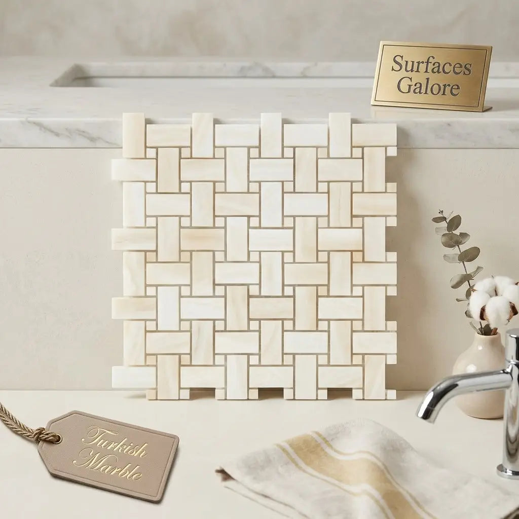 Beige turkish marble basketweave mosaic tile with white onyx dots polished for elegant wall or floor applications