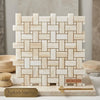 Beige turkish marble basketweave mosaic tile with white onyx dots polished for elegant wall and floor applications