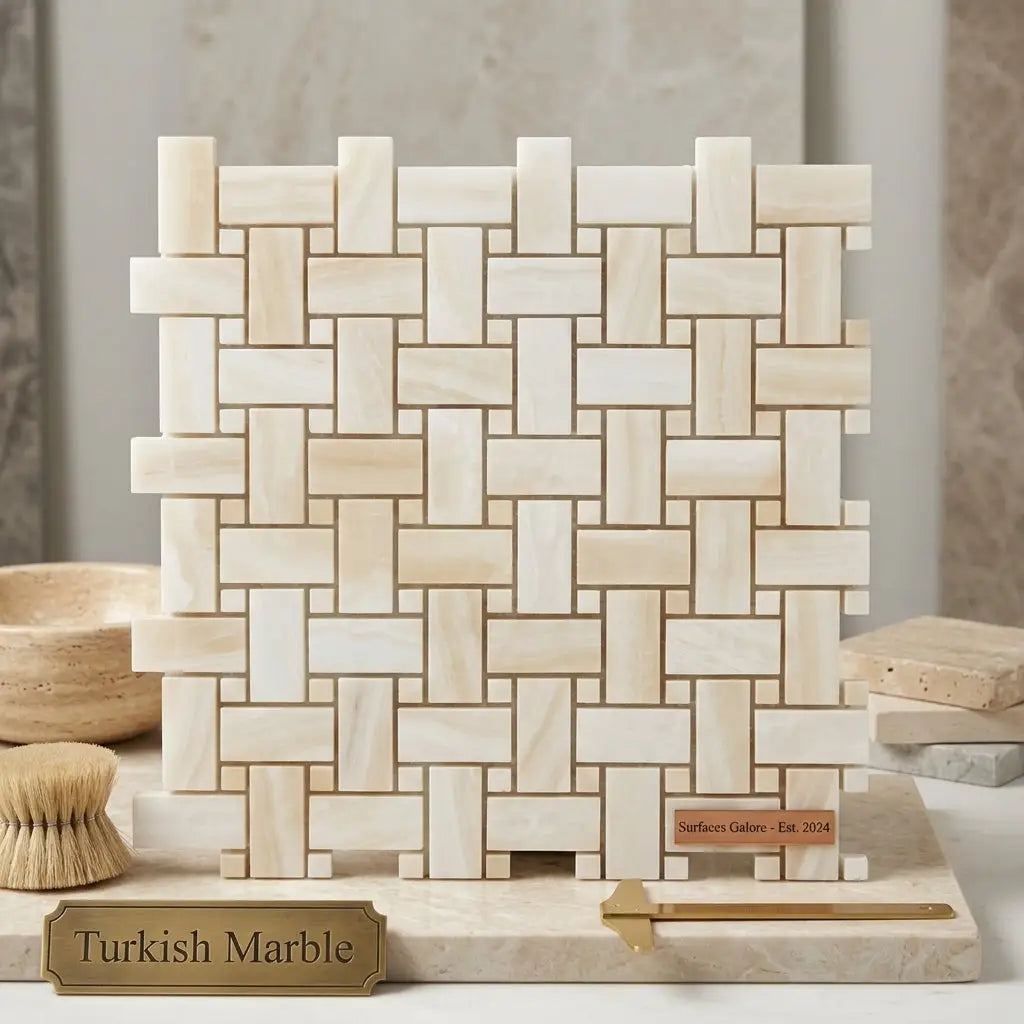 Beige turkish marble basketweave mosaic tile with white onyx dots polished for elegant wall and floor applications