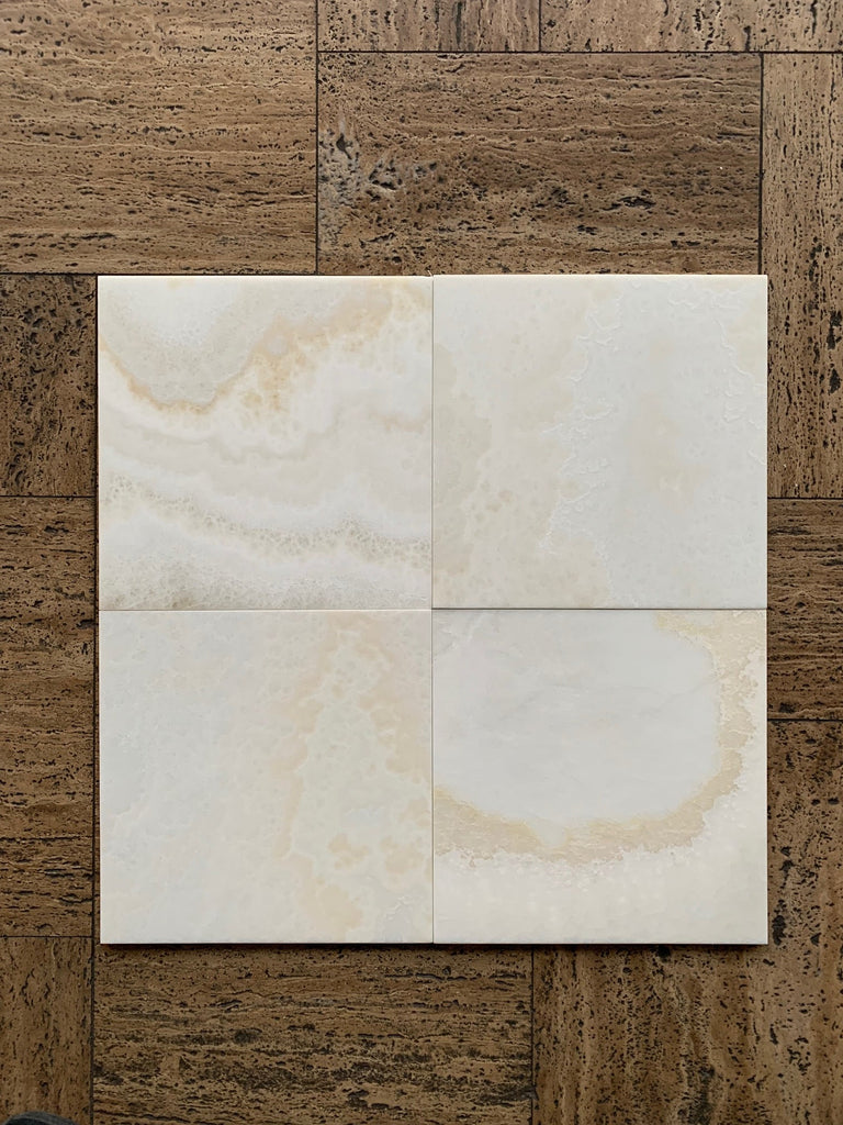 White Onyx Vanilla Onyx Cross-Cut 12x12 Polished Marble Coaster Set
