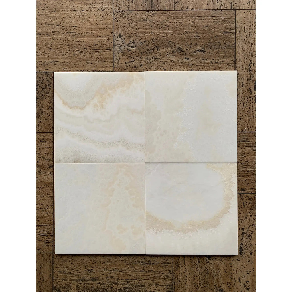 White Onyx Vanilla Onyx Cross-Cut 12x12 Polished Marble Coaster Set