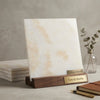 A polished white onyx vanilla onyx cross-cut 12x12 marble slab with subtle golden veining on a dark wood stand