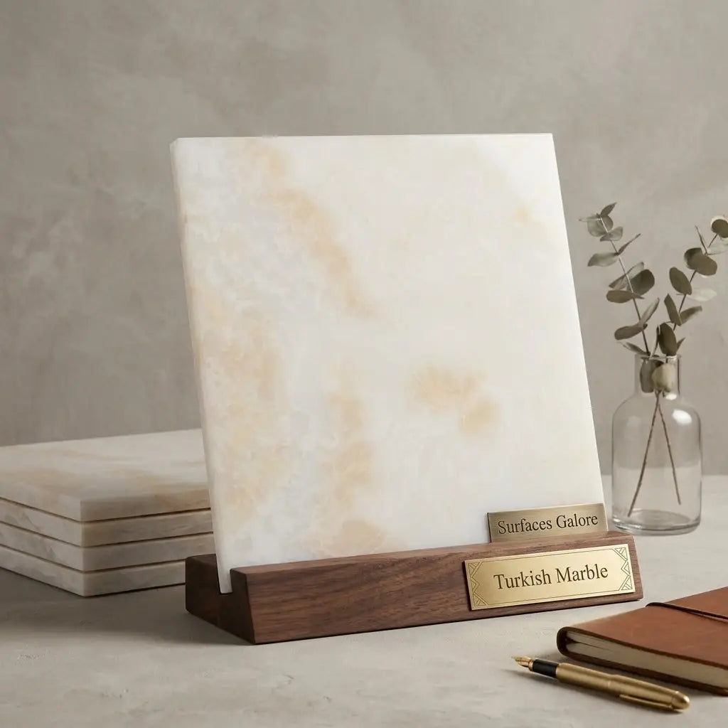 A polished white onyx vanilla onyx cross-cut 12x12 marble slab with subtle golden veining on a dark wood stand