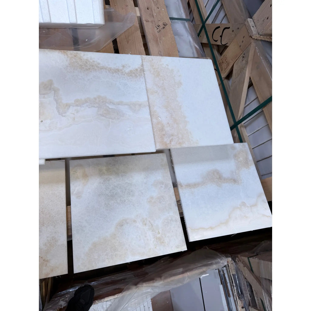 White Onyx Vanilla Onyx Cross-Cut 12x12 polished marble tile with beige veining