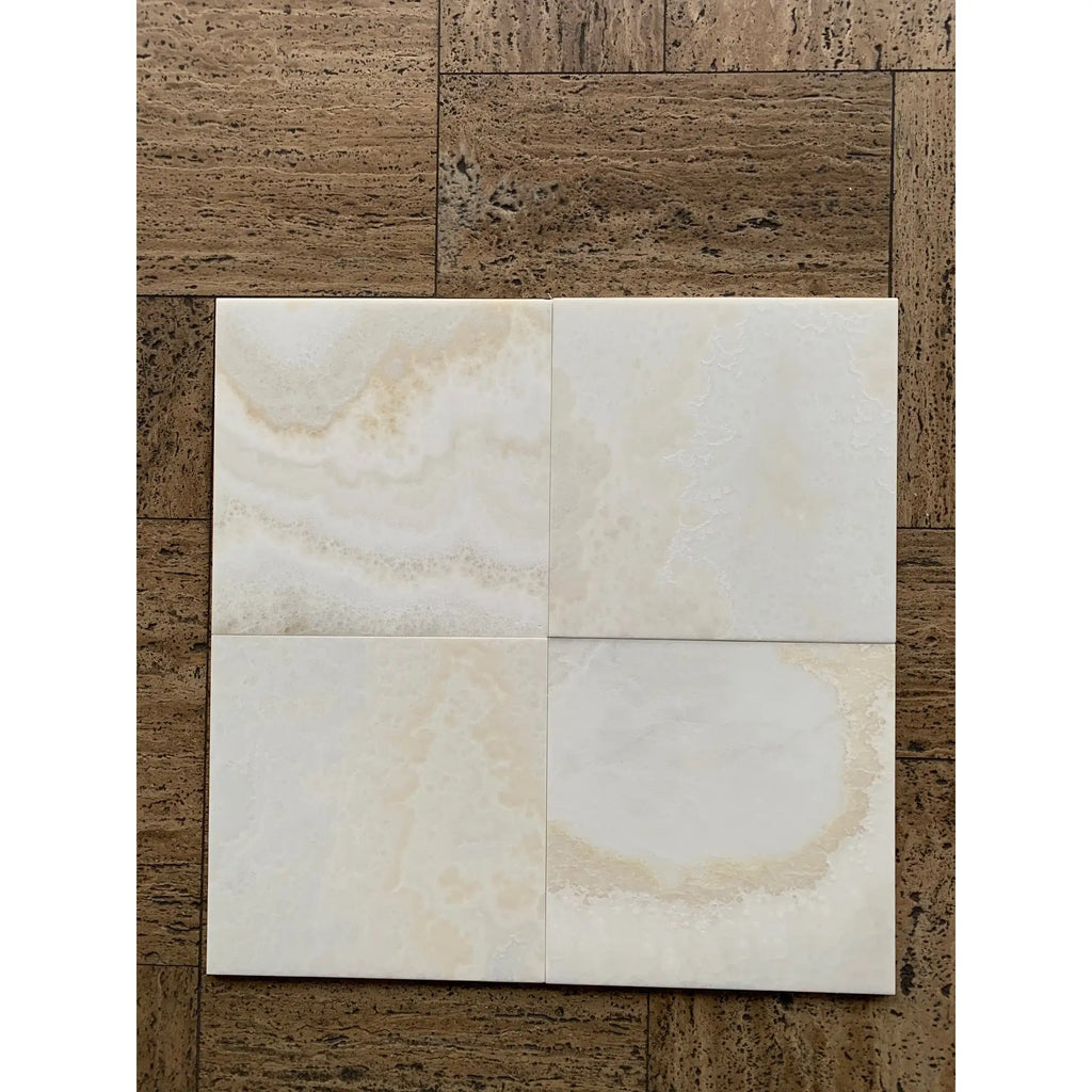White Onyx Cross-Cut 12x12 Polished Marble Coaster Set, 4-Pack