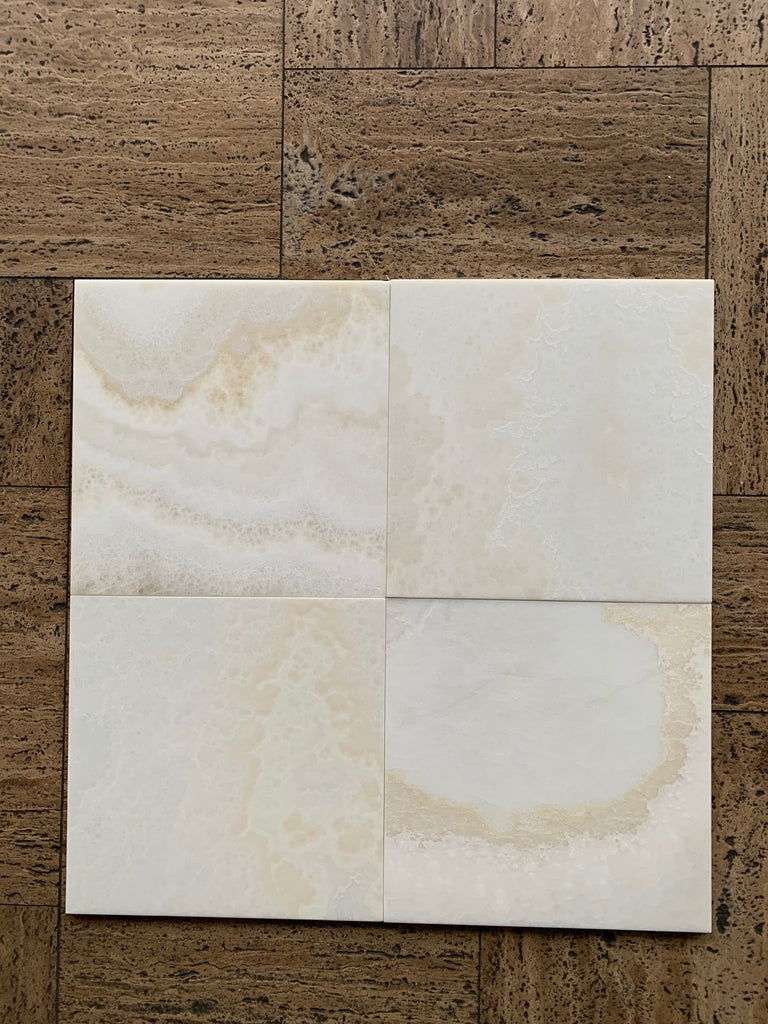 White Onyx Cross-Cut 12x12 Polished Marble Coaster Set, 4-Pack