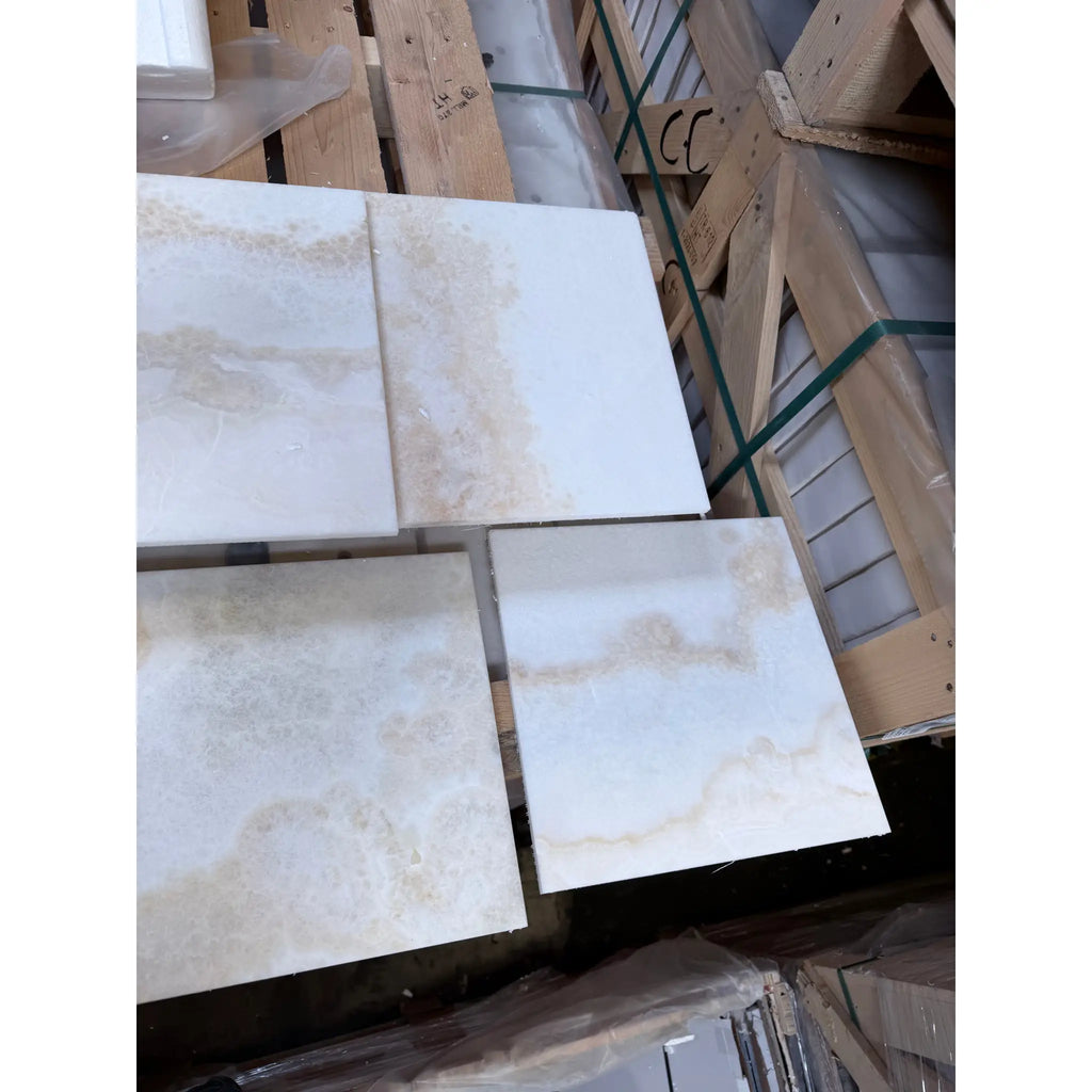 White Onyx Vanilla Onyx cross-cut 12x12 polished marble tiles on pallet