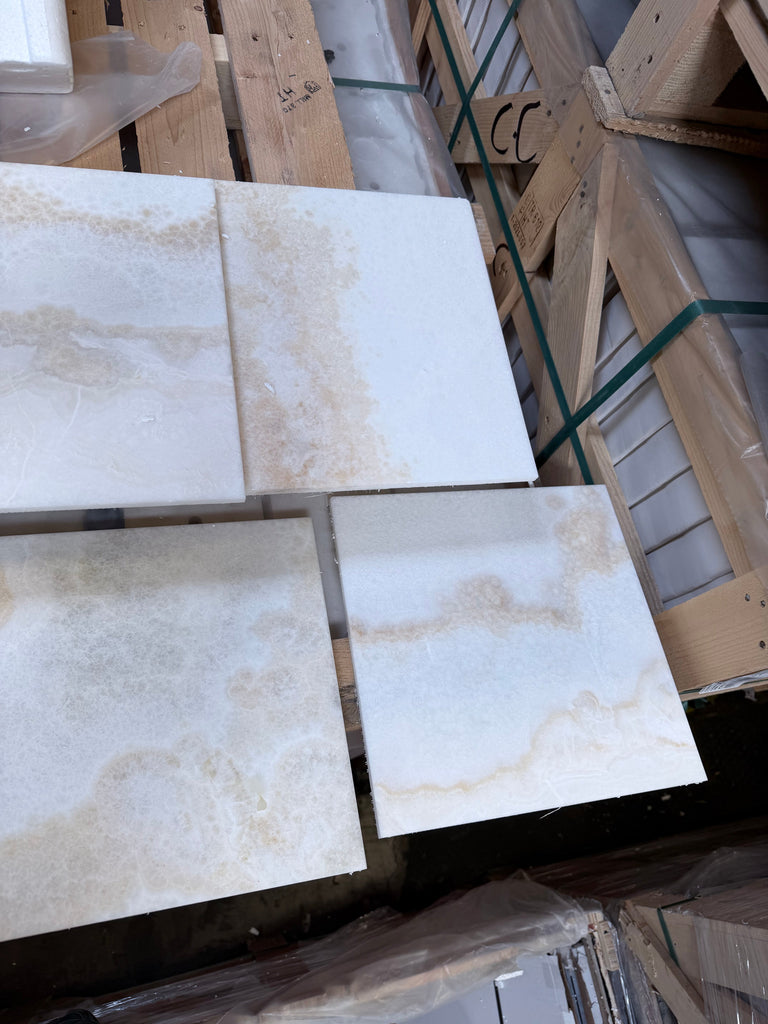 White Onyx Vanilla Onyx cross-cut 12x12 polished marble tiles on pallet