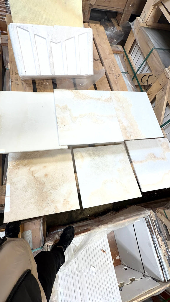 White Onyx Vanilla Onyx cross-cut 12x12 polished marble tiles on pallets