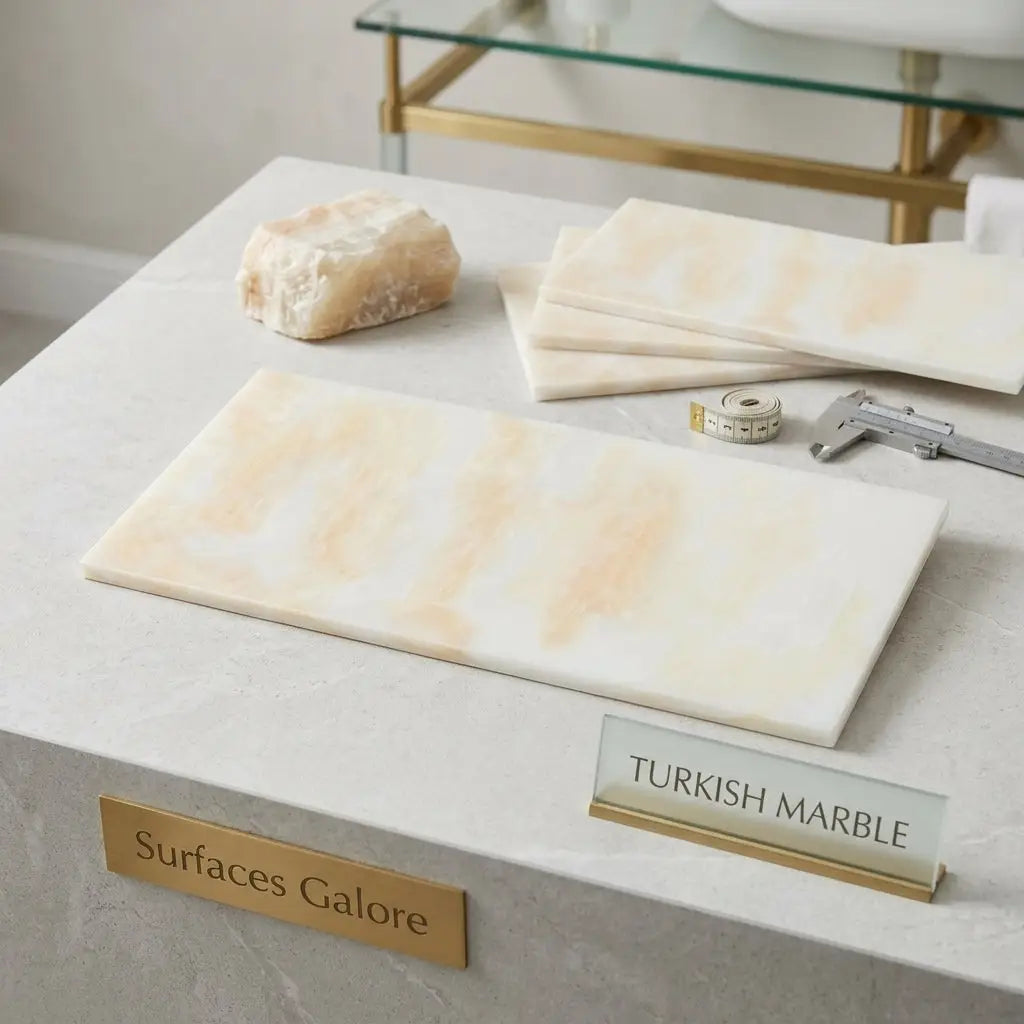 Creamy white polished white onyx marble slab with soft peach veining in 12x24 cross-cut vanilla onyx design