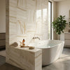 Modern freestanding white onyx bathtub with minimalist design set against polished vanilla onyx cross cut marble backdrop