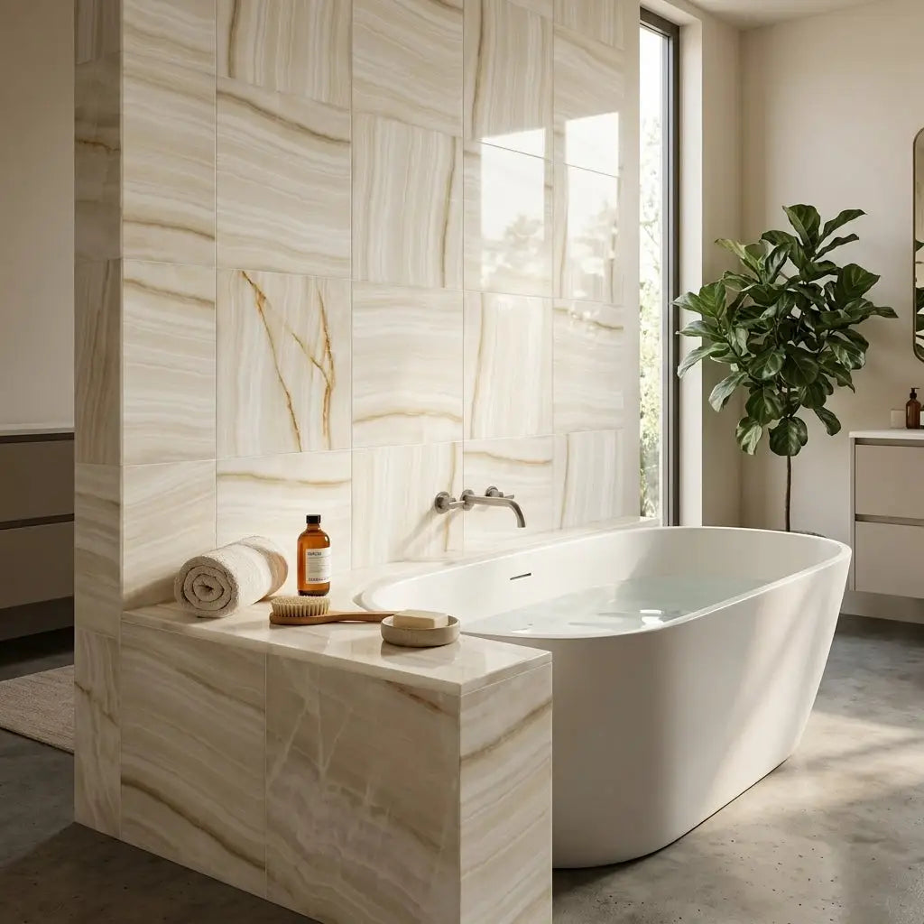 Modern freestanding white onyx bathtub with minimalist design set against polished vanilla onyx cross cut marble backdrop