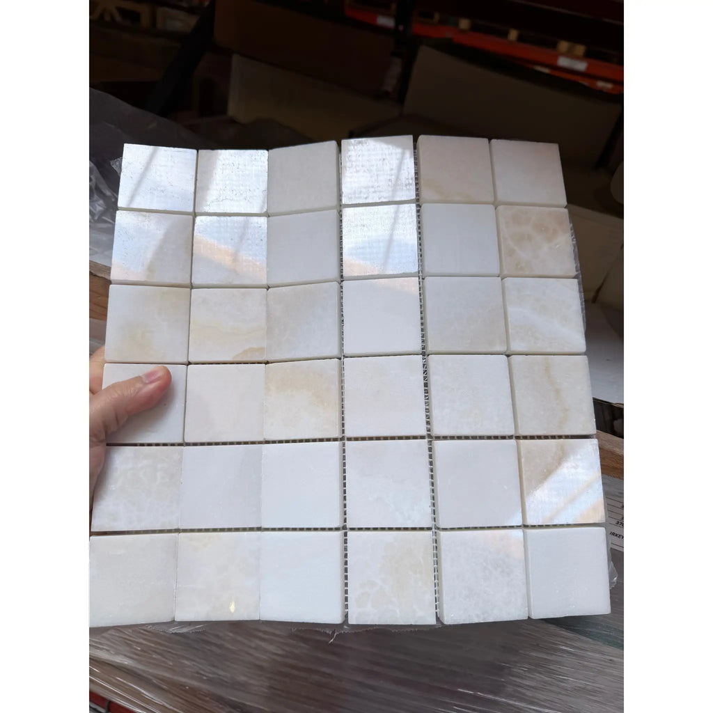White Onyx Vanilla Onyx Cross-Cut 2x2 polished marble mosaic tile sheet