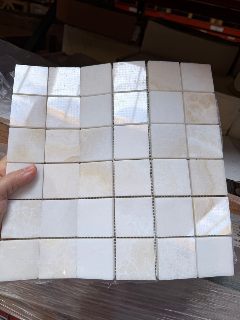 White Onyx Vanilla Onyx Cross-Cut 2x2 polished marble mosaic tile sheet