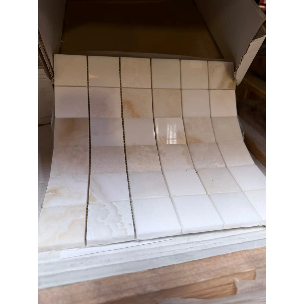 White Onyx Vanilla Onyx cross-cut 2x2 polished marble mosaic with beige white veining