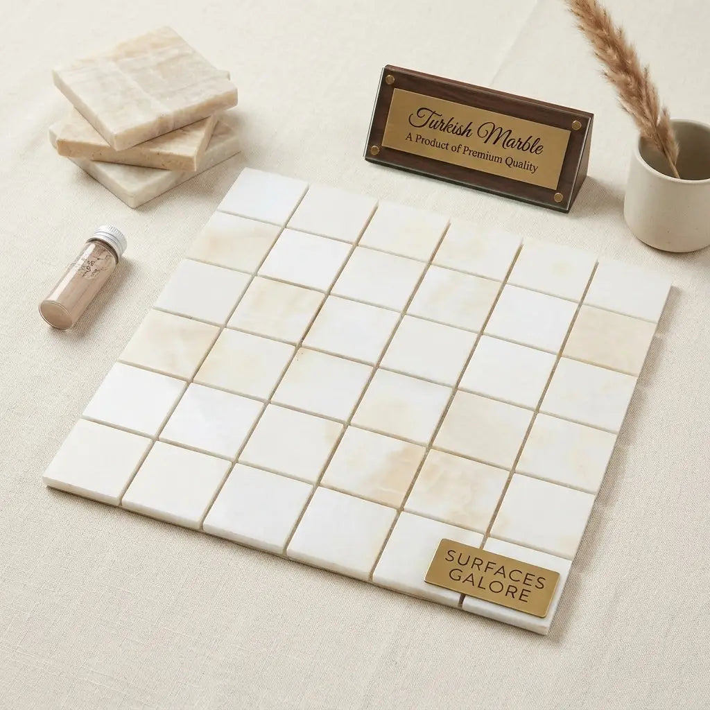 Beige white onyx cross cut 2x2 mosaic marble panel with subtle veining and polished finish for elegant wall decor