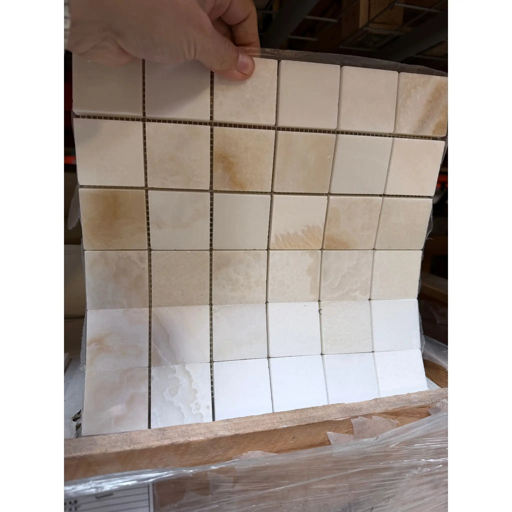 White onyx vanilla onyx cross-cut 2x2 polished marble mosaic tile panel