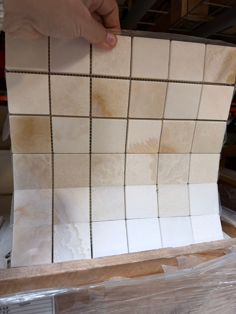 White onyx vanilla onyx cross-cut 2x2 polished marble mosaic tile panel