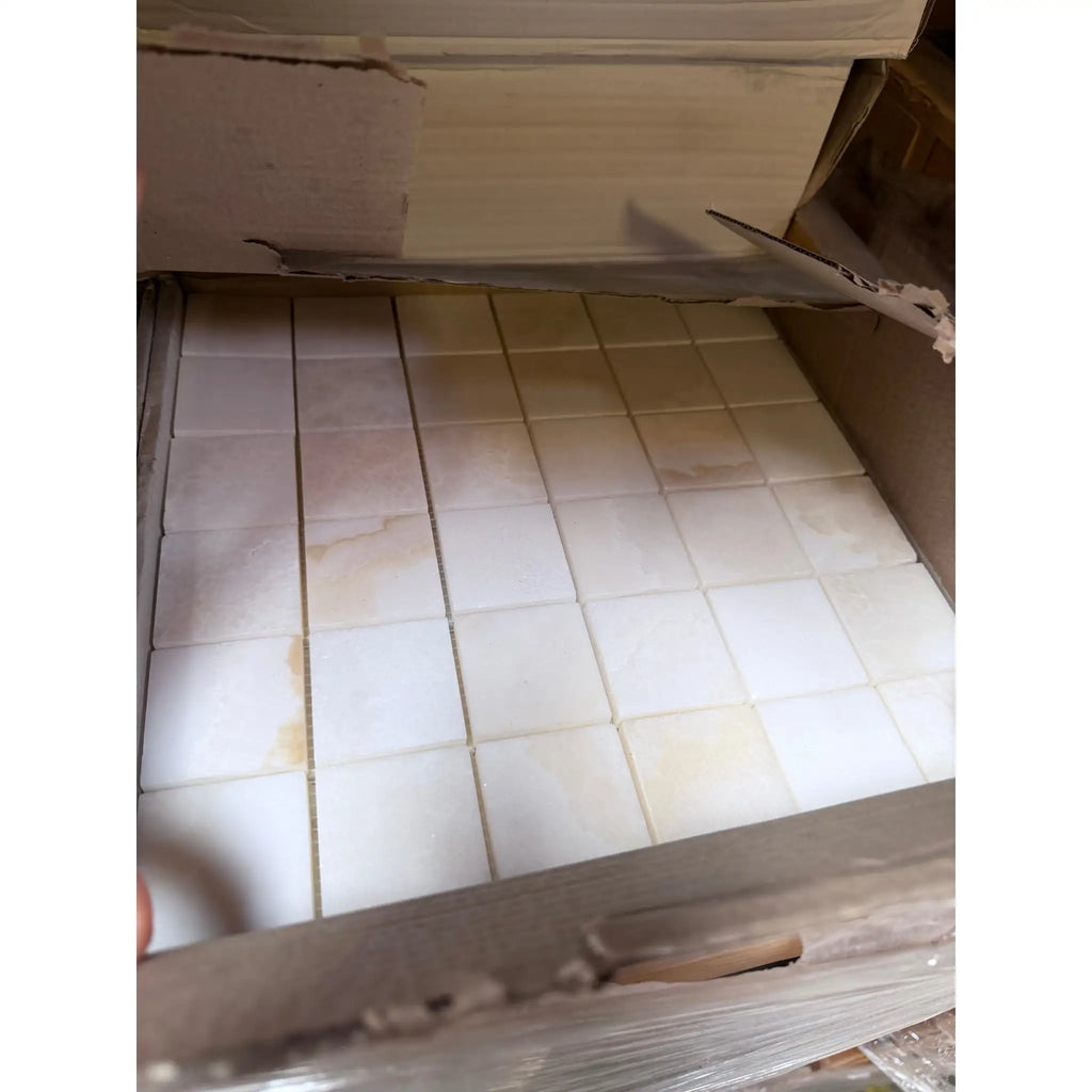 White Onyx Vanilla Onyx Cross-Cut 2x2 mosaic with subtle beige stains