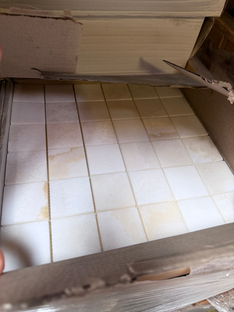 White Onyx Vanilla Onyx Cross-Cut 2x2 mosaic with subtle beige stains
