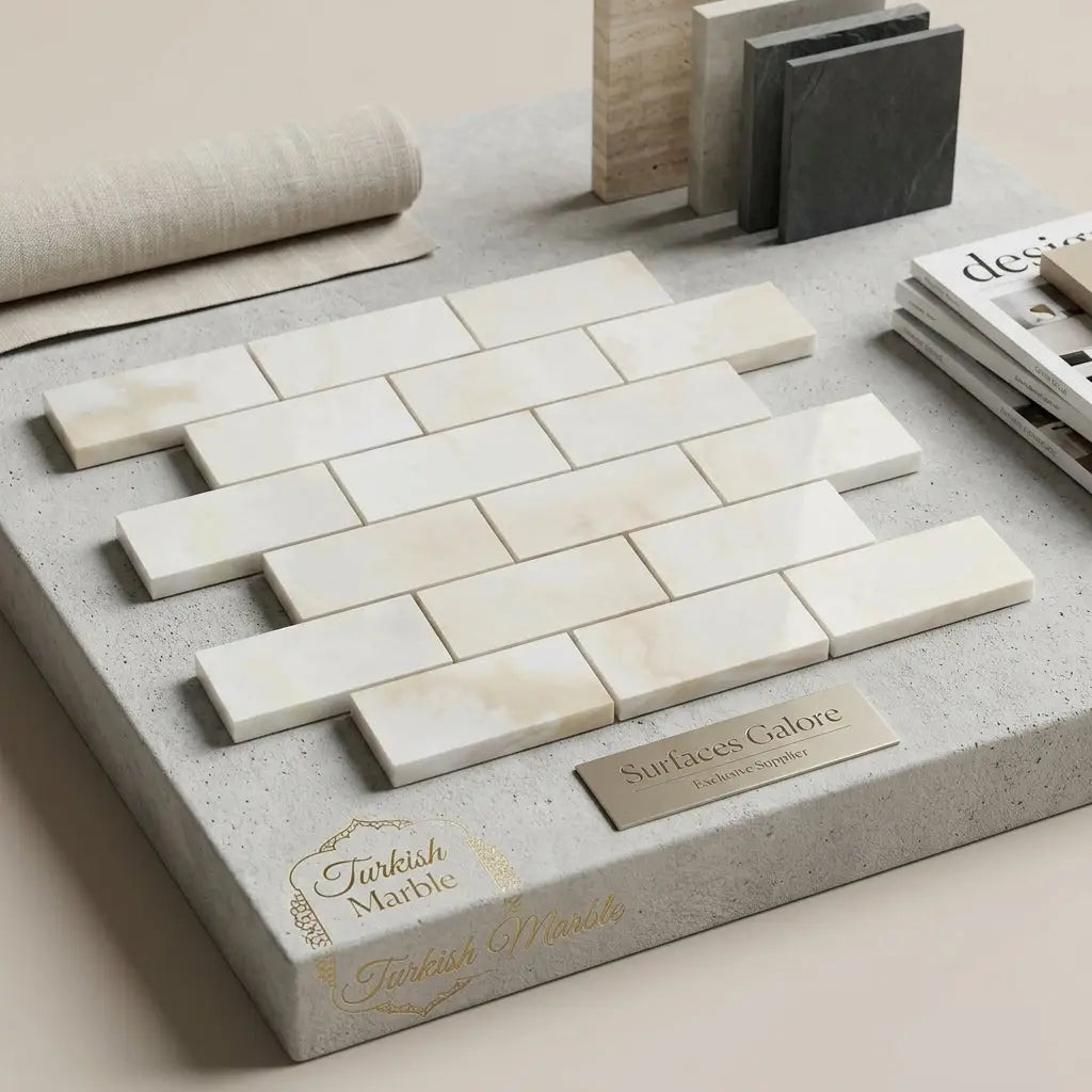 White onyx cross cut 2x4 polished marble mosaic tiles in white turkish marble arranged in a brick pattern on display board