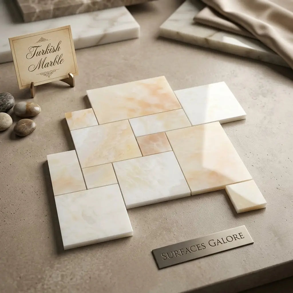 Beige and cream turkish marble tiles with subtle veining in a staggered pattern white onyx vanilla onyx opus mosaic