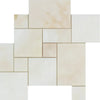 Arrangement of light-colored stone tiles in White Onyx Bianco-Vanilla mosaic pattern