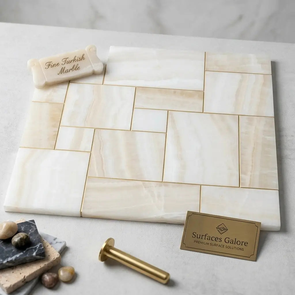 White onyx vanilla onyx polished mosaic marble tile mini pattern with beige and white veined tiles in herringbone design