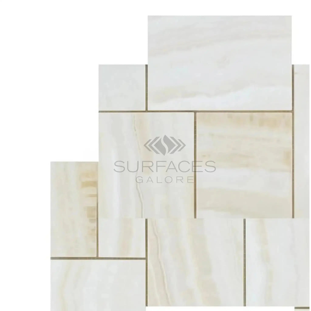 Cream-colored marble tile arrangement of White Onyx Bianco-Vanilla mosaic pattern