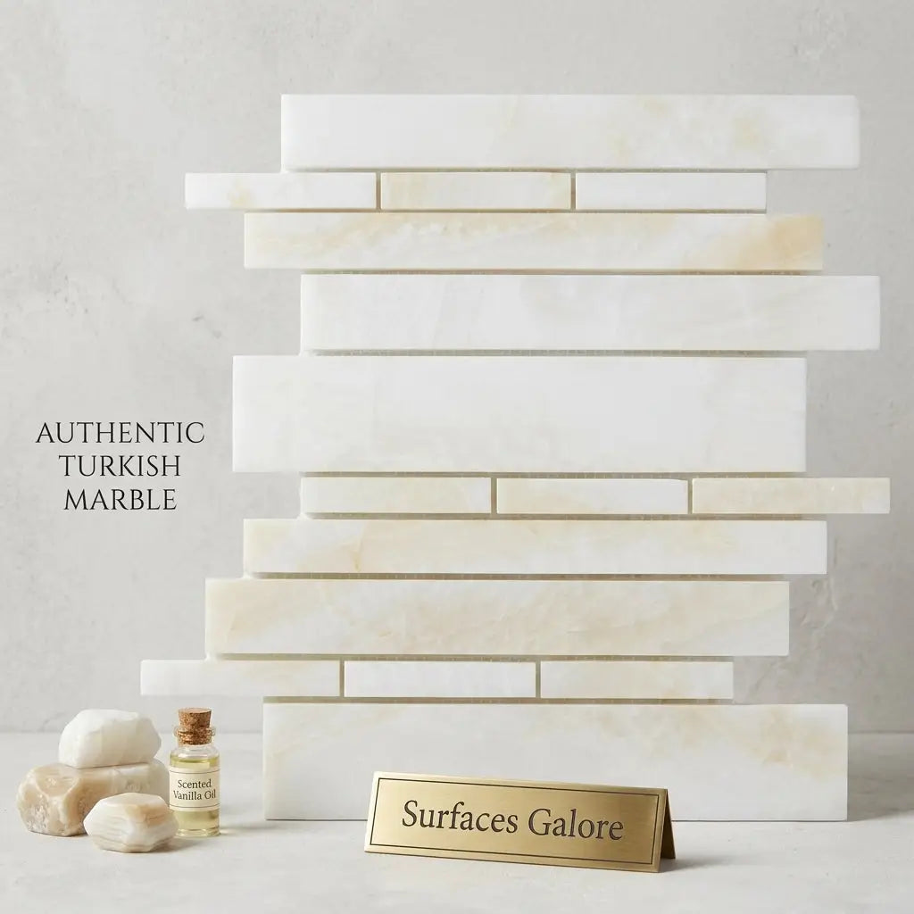 Stacked rectangular polished white onyx mosaic marble tiles in creamy white with subtle golden veining cross cut design
