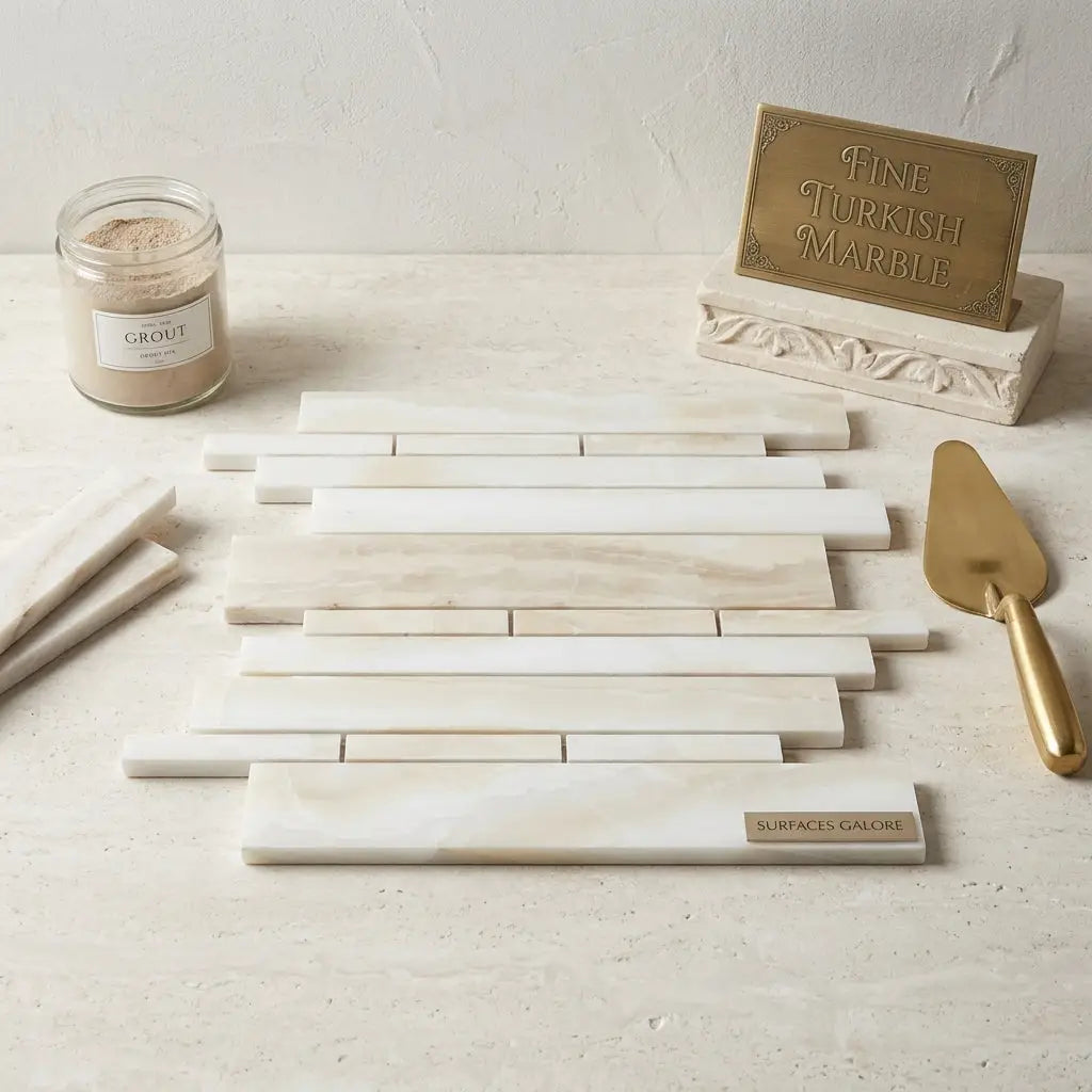 White onyx random strip vein-cut polished mosaic marble tile with white Turkish marble and subtle veining in staggered pattern