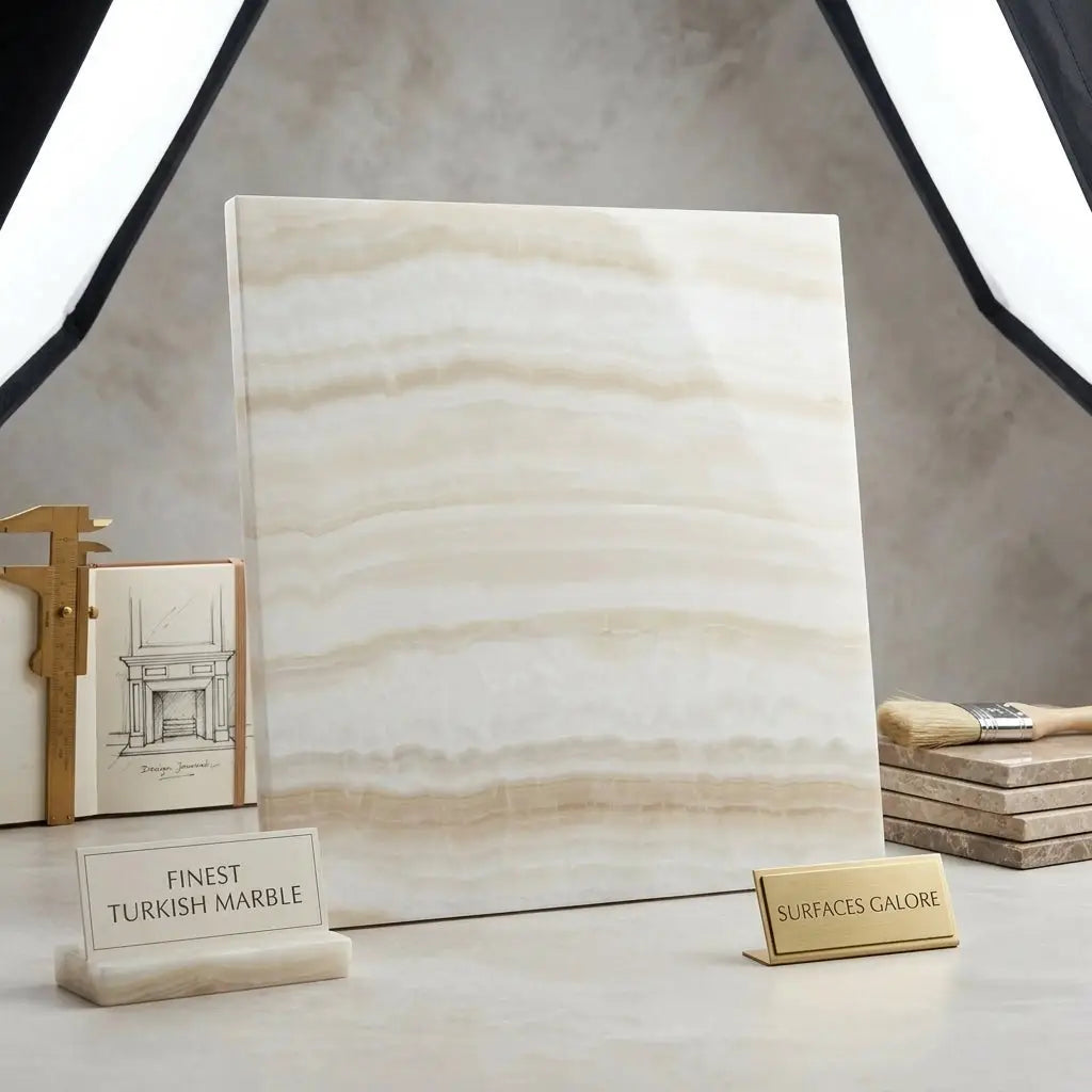 A polished 12x12 vein-cut white onyx marble slab with soft cream and beige Turkish marble veining