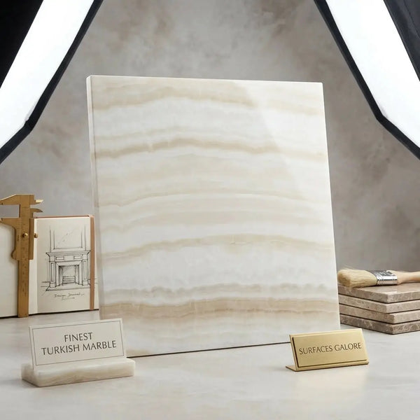 A polished 12x12 vein-cut white onyx marble slab with soft cream and beige veining from finest turkish marble