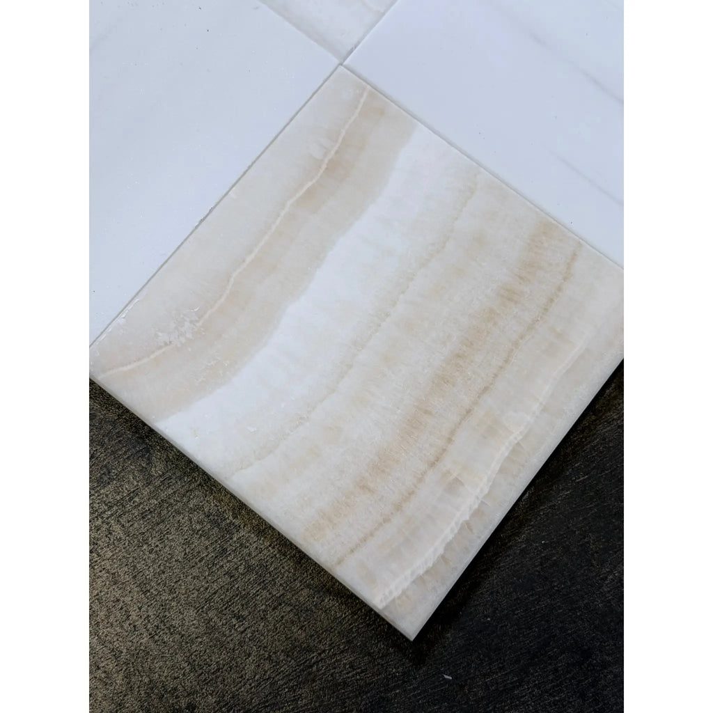White Onyx Vanilla Onyx Vein-Cut 12x12 Polished tile with beige veining